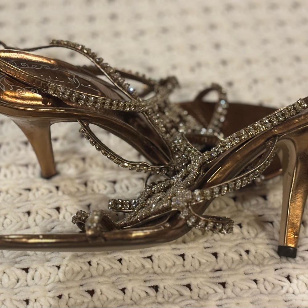 Absolutely Stunning Michan Mani Bronze And Rhinestone Strappy Heels View 3